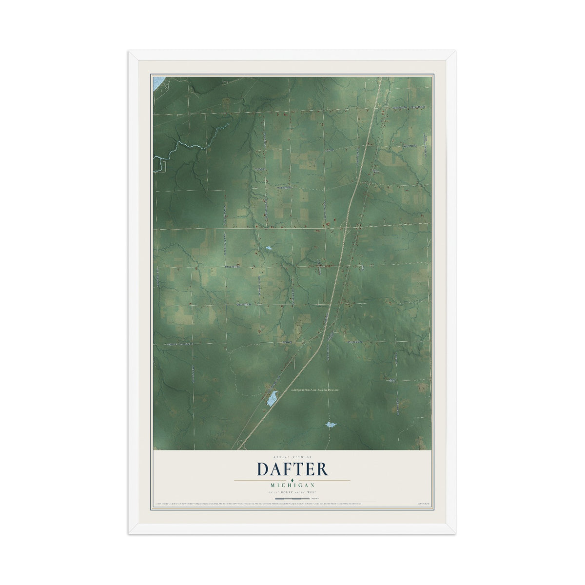 Map of Dafter, Michigan, 12 x 18 inch print in a white wood frame