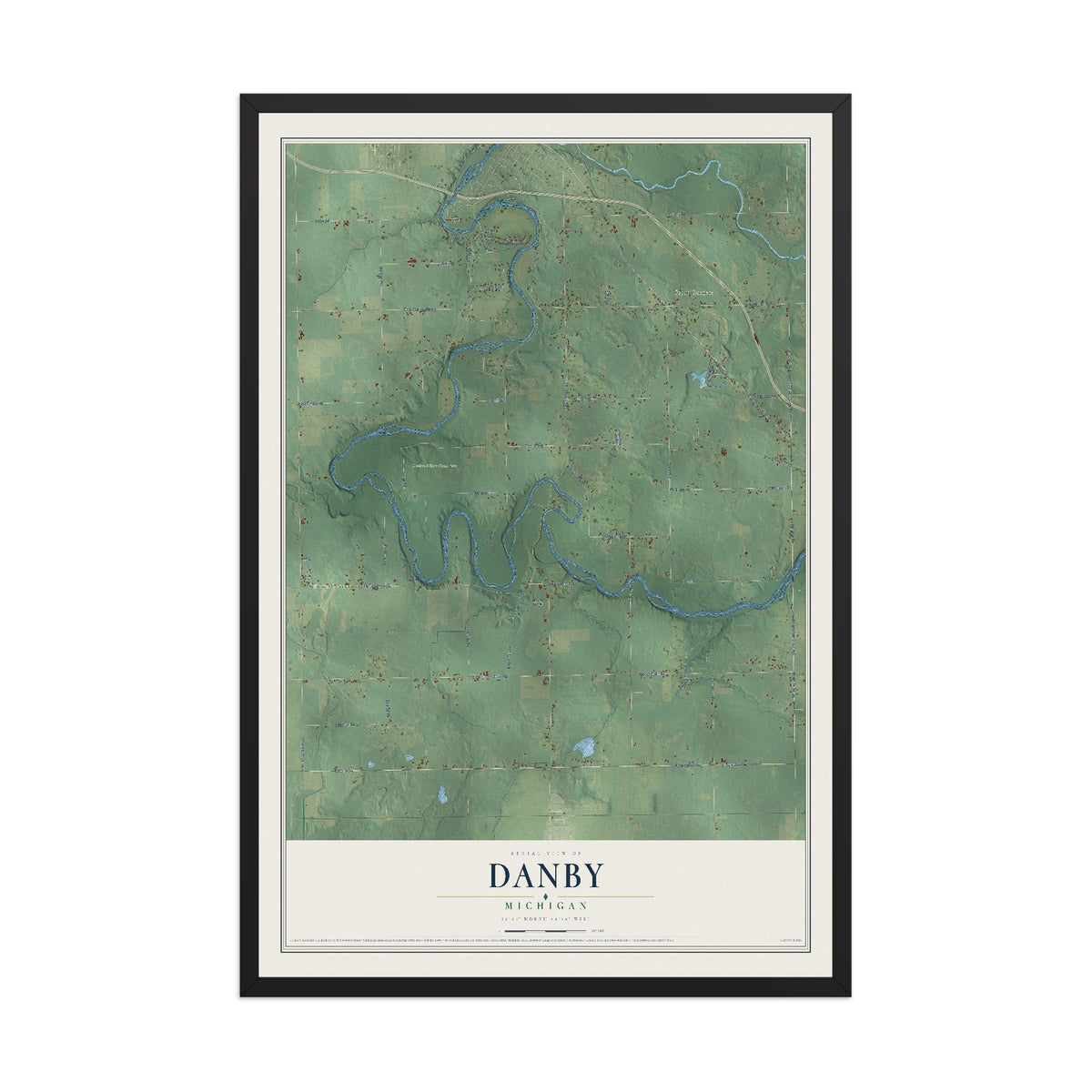 Map of Danby, Michigan, 12 x 18 inch print in a black wood frame