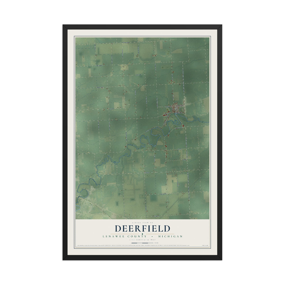 Map of Deerfield, Lenawee County, Michigan, 12 x 18 inch print in a black wood frame