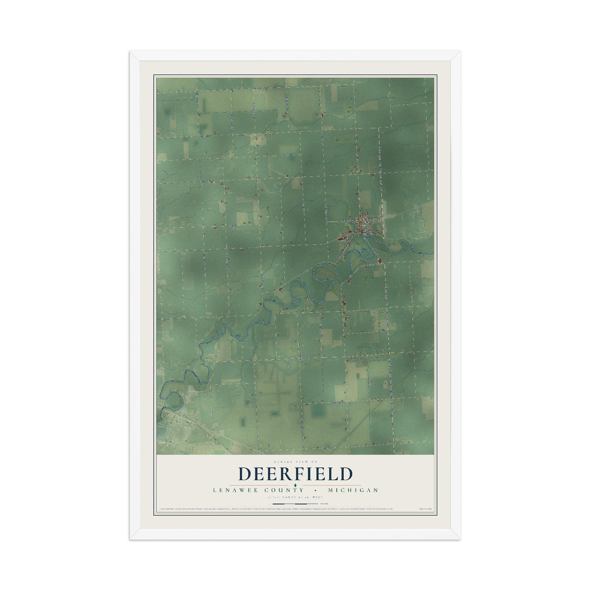 Map of Deerfield, Lenawee County, Michigan, 12 x 18 inch print in a white wood frame