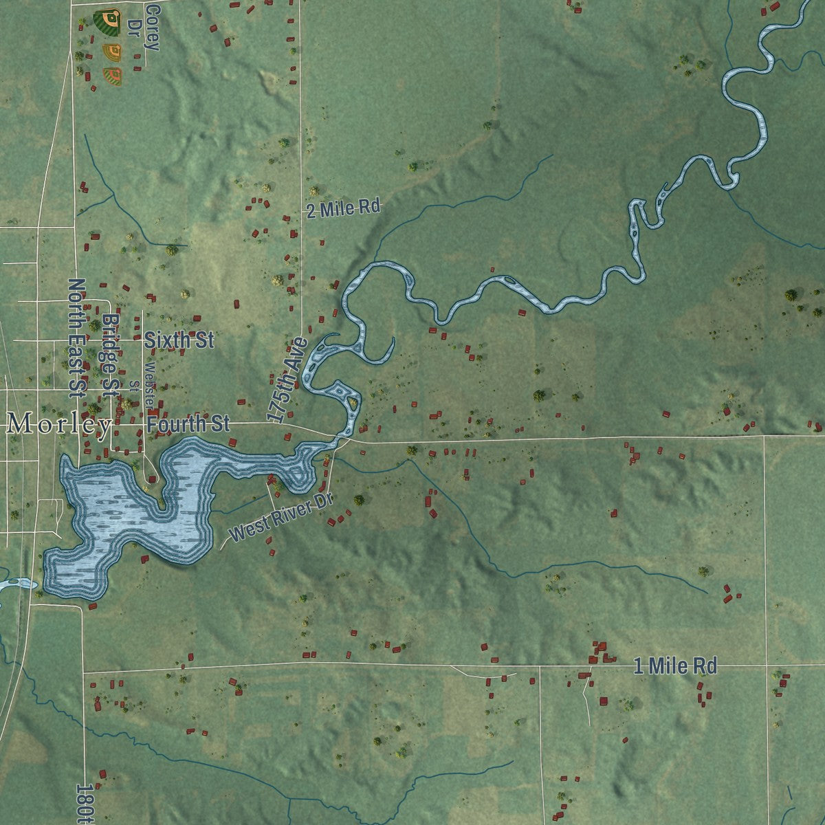 Close-up of the map of Deerfield Township, Mecosta County, Michigan print showing street and building detail