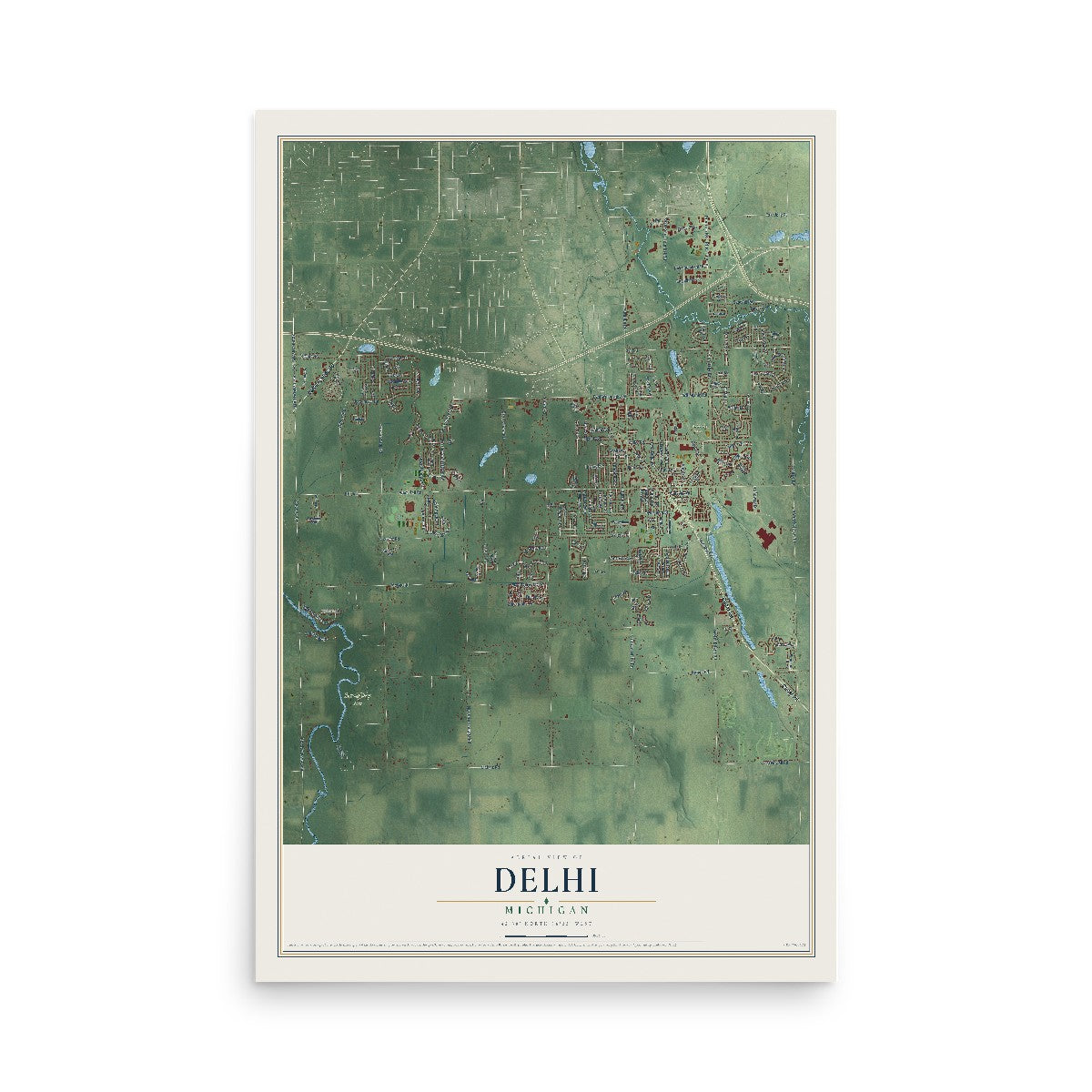 Map of Delhi, Michigan, 12 x 18 inch unframed archival matte print