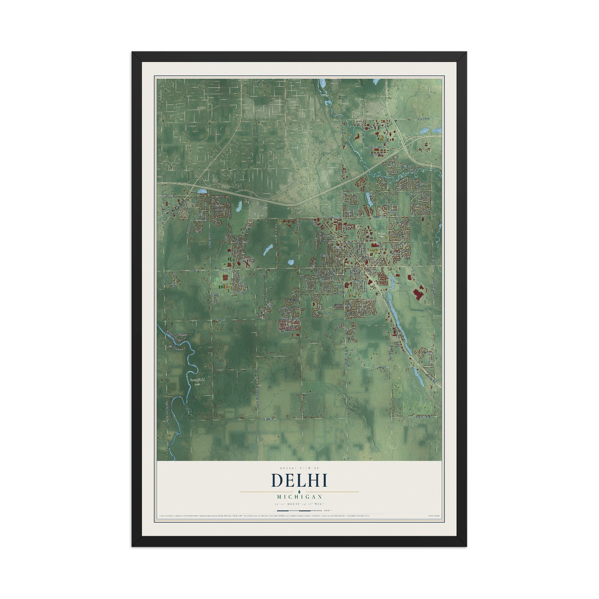 Map of Delhi, Michigan, 12 x 18 inch print in a black wood frame