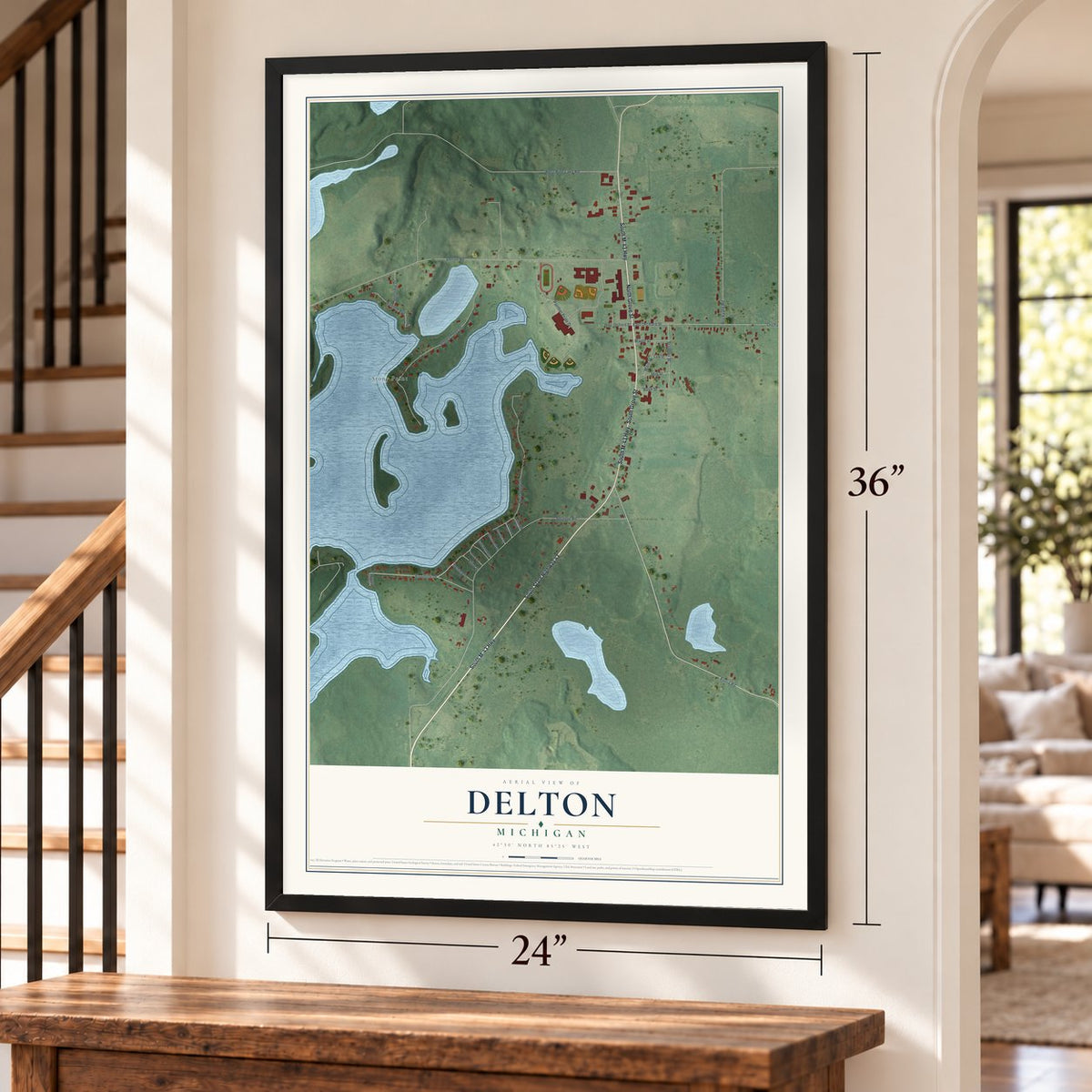 Delton, Michigan map, 24 x 36 inch print in a black frame by a staircase