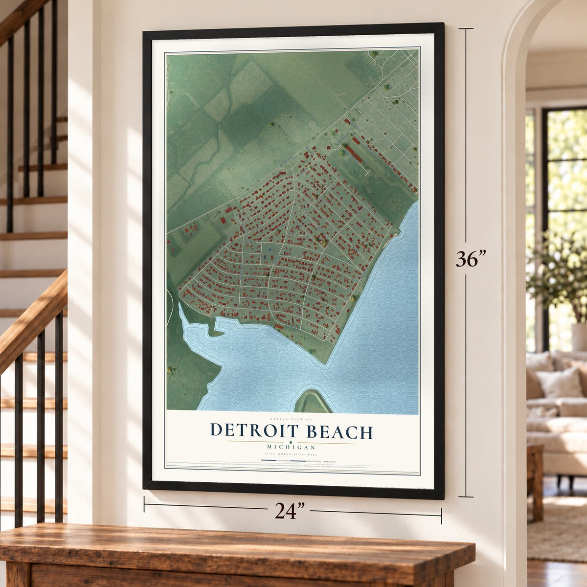 Detroit Beach, Michigan map, 24 x 36 inch print in a black frame by a staircase
