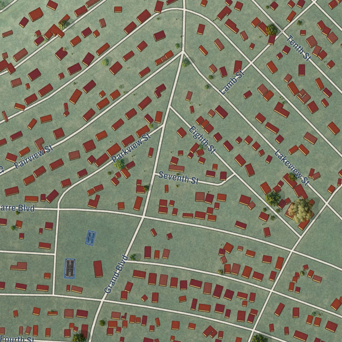 Close-up of the map of Detroit Beach, Michigan print showing street and building detail
