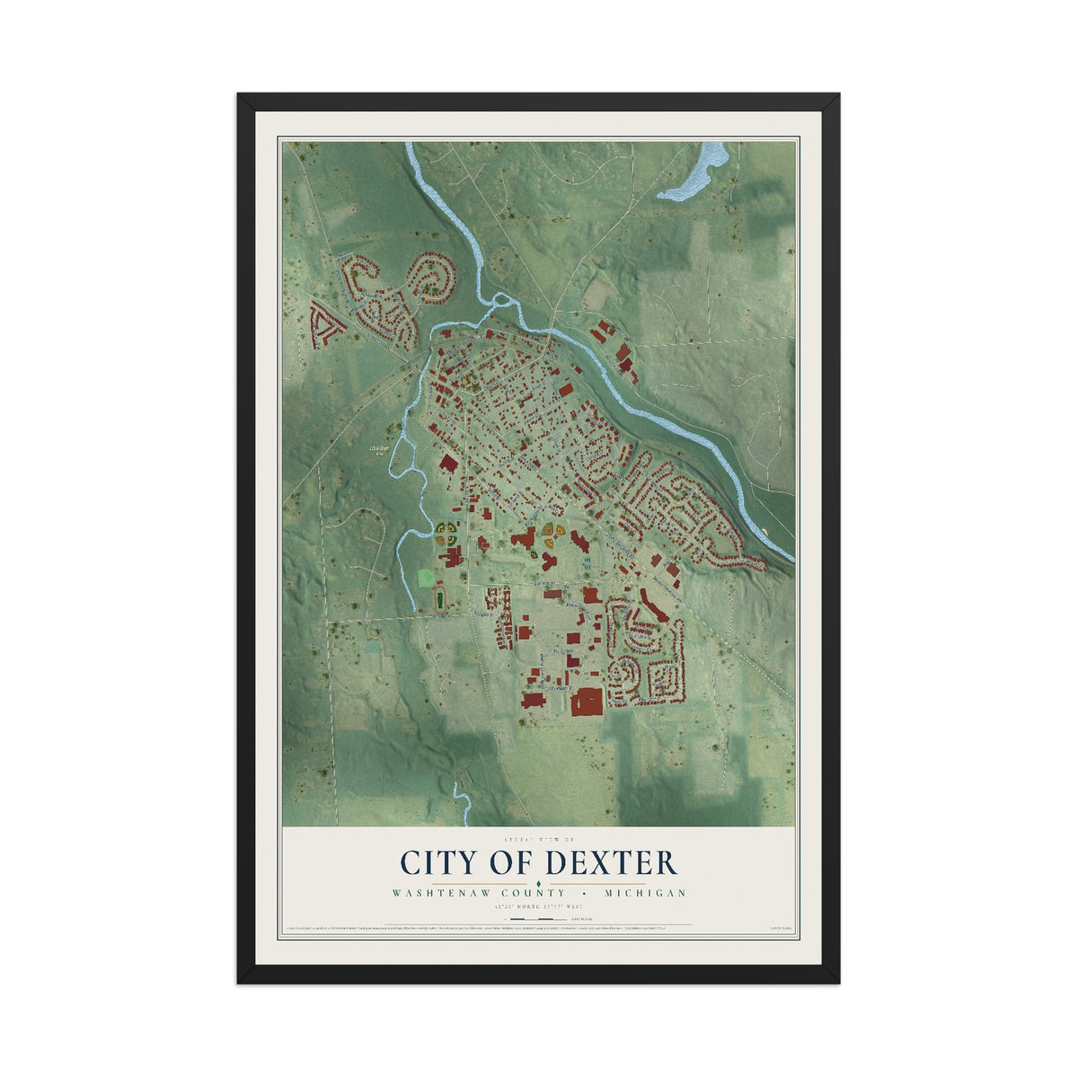 Map of Dexter, Michigan, 12 x 18 inch print in a black wood frame