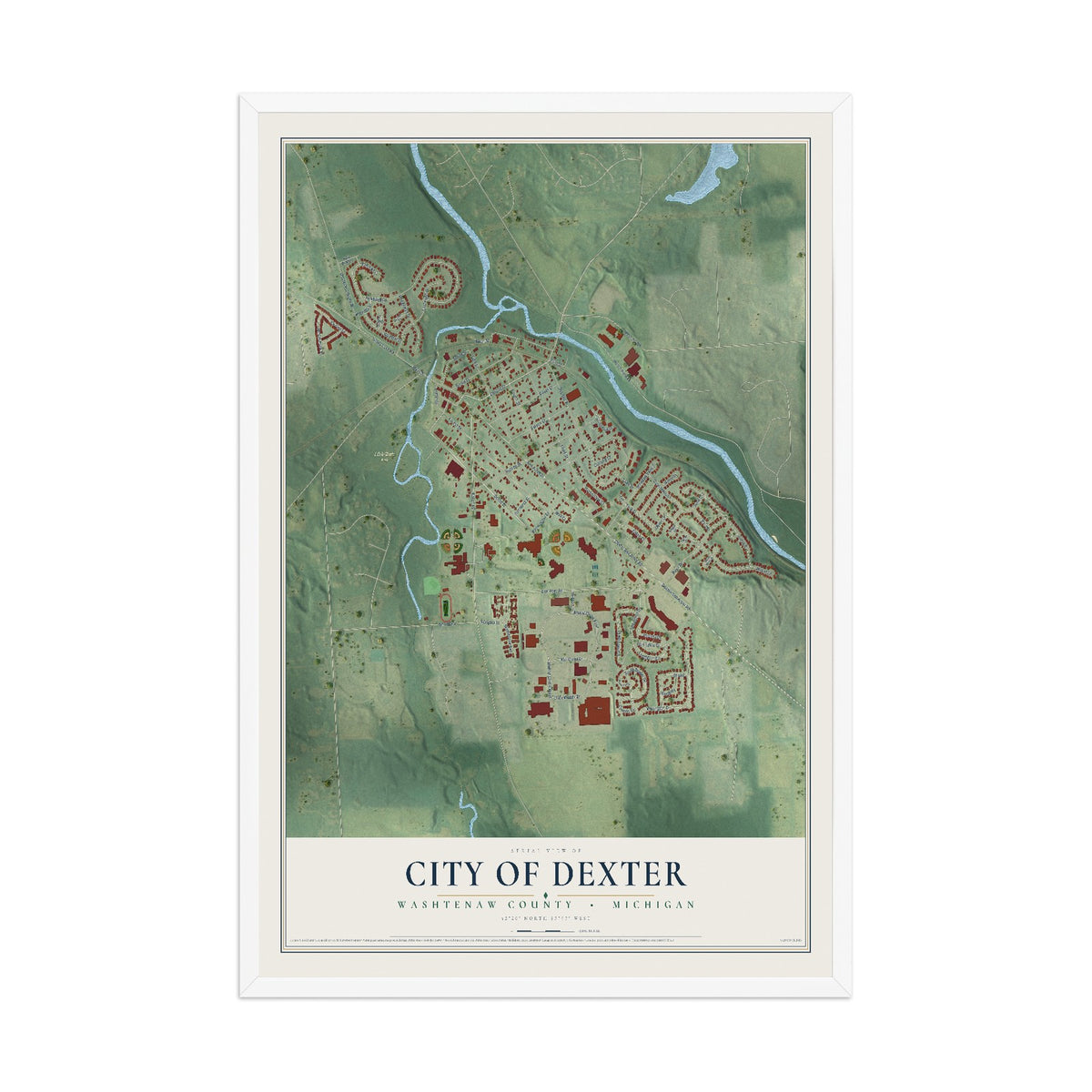Map of Dexter, Michigan, 12 x 18 inch print in a white wood frame