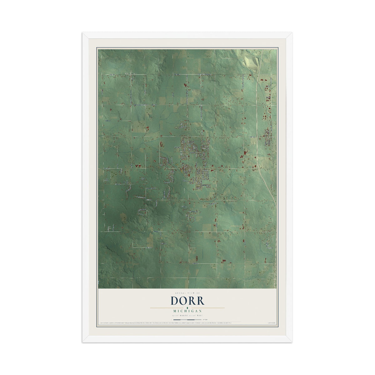 Map of Dorr, Michigan, 12 x 18 inch print in a white wood frame