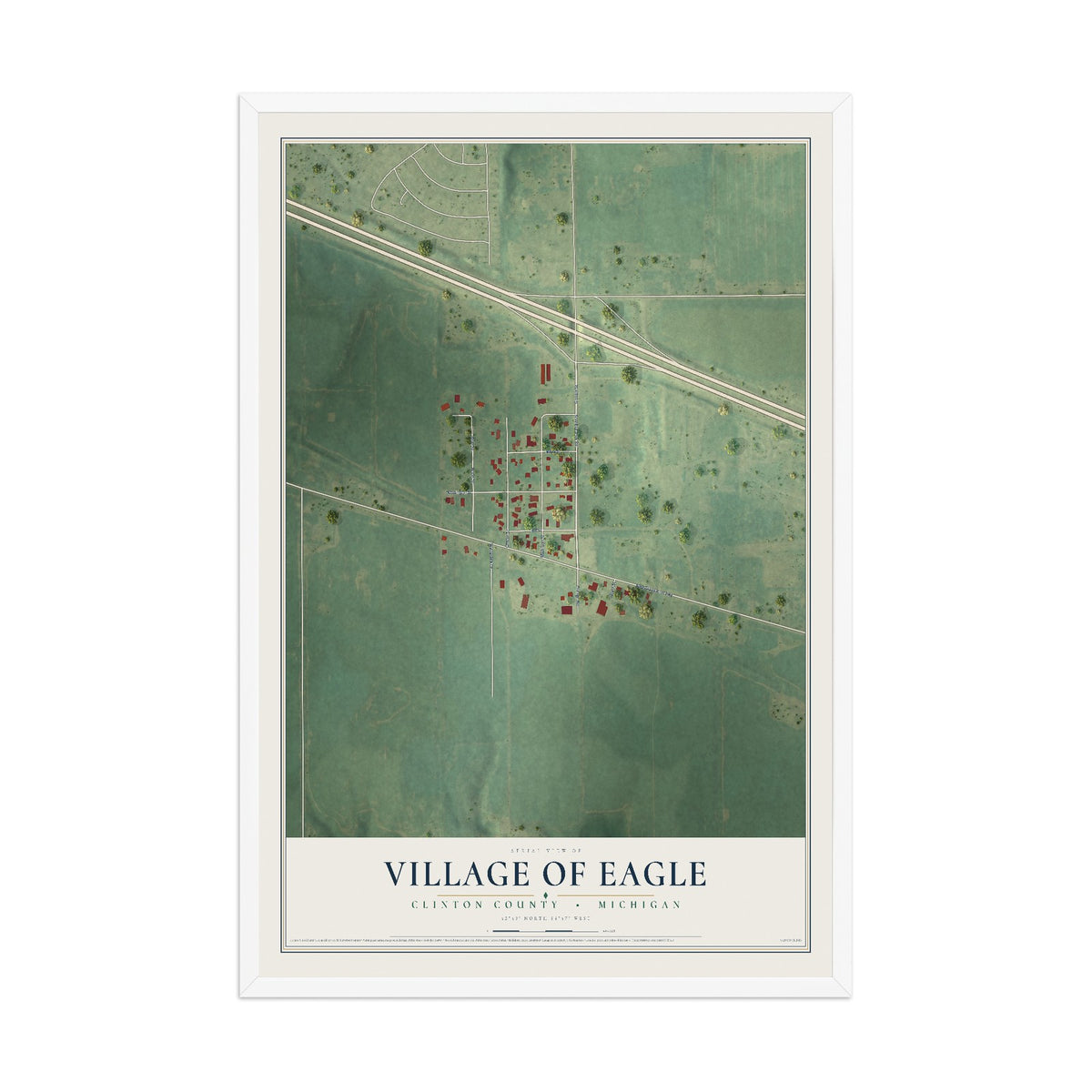Map of Eagle, Michigan, 12 x 18 inch print in a white wood frame
