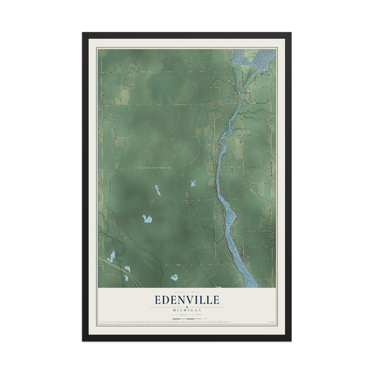 Map of Edenville, Michigan, 12 x 18 inch print in a black wood frame