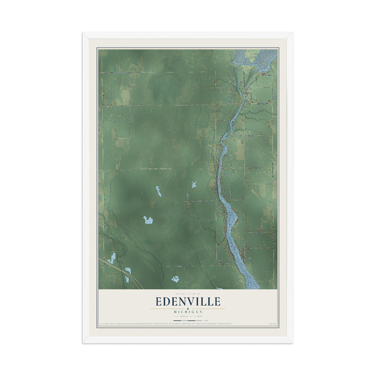 Map of Edenville, Michigan, 12 x 18 inch print in a white wood frame