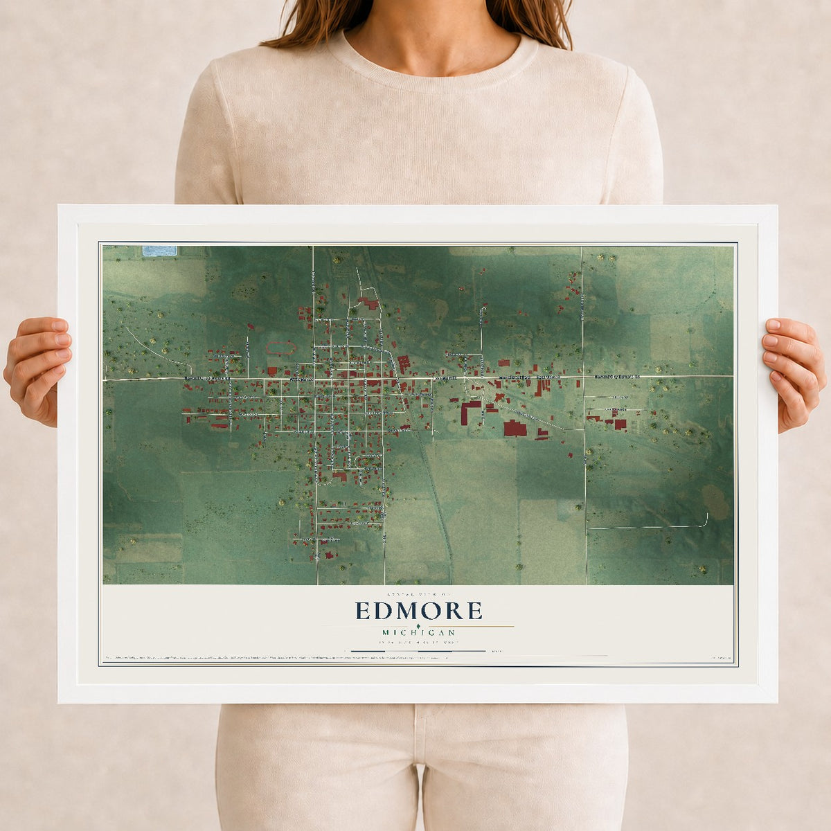 Map of Edmore, Michigan, 12 x 18 inch print in a white wood frame