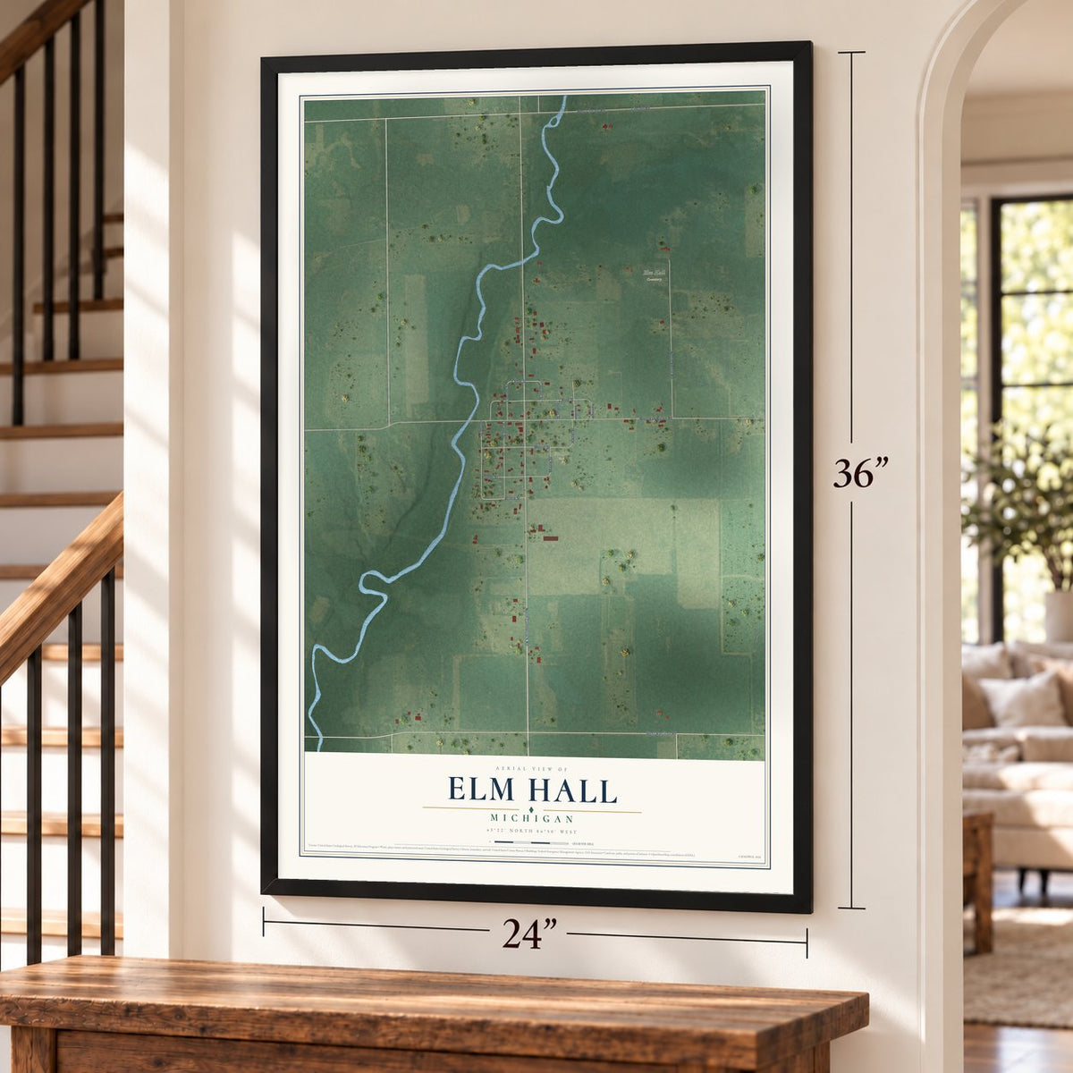 Elm Hall, Michigan map, 24 x 36 inch print in a black frame by a staircase