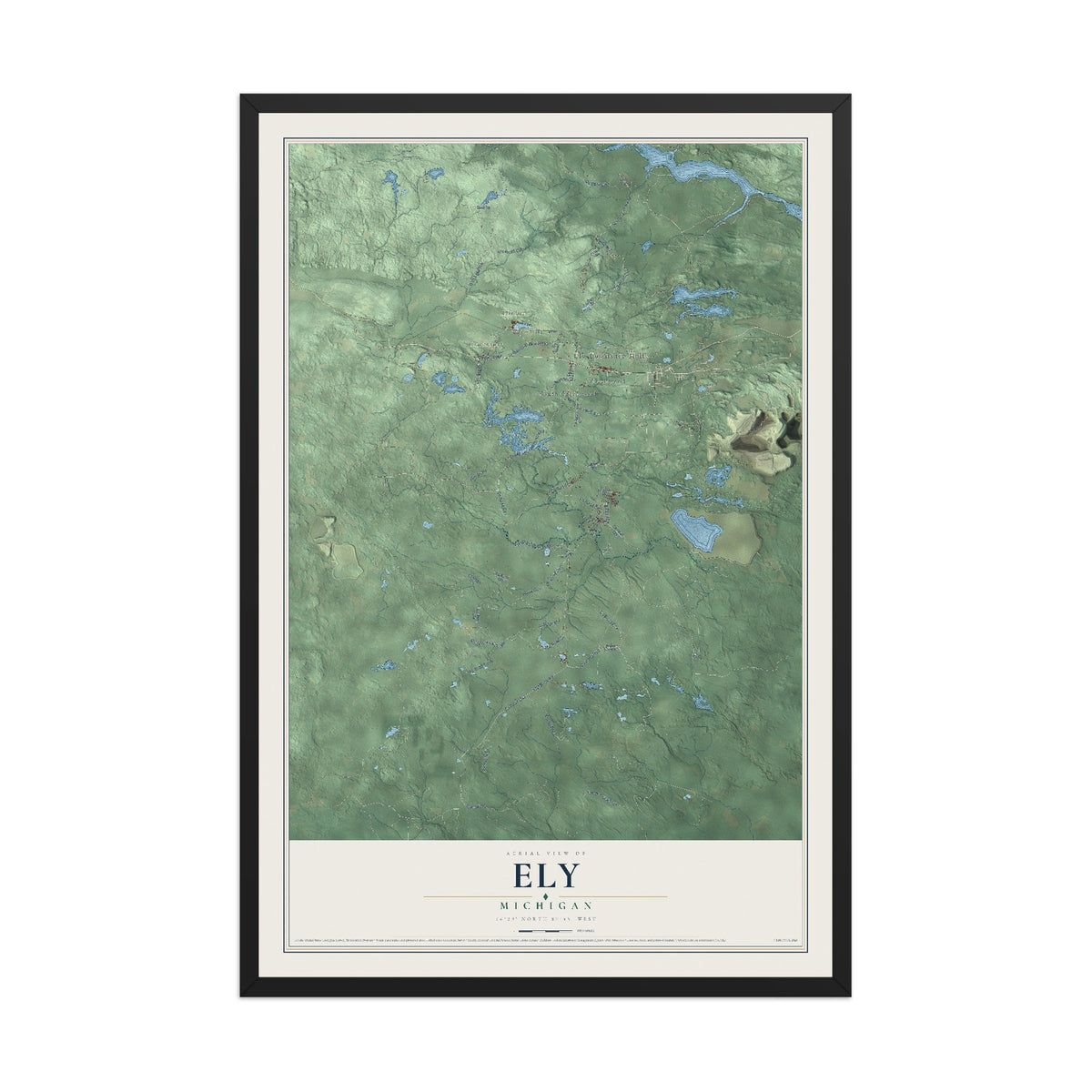 Map of Ely, Michigan, 12 x 18 inch print in a black wood frame