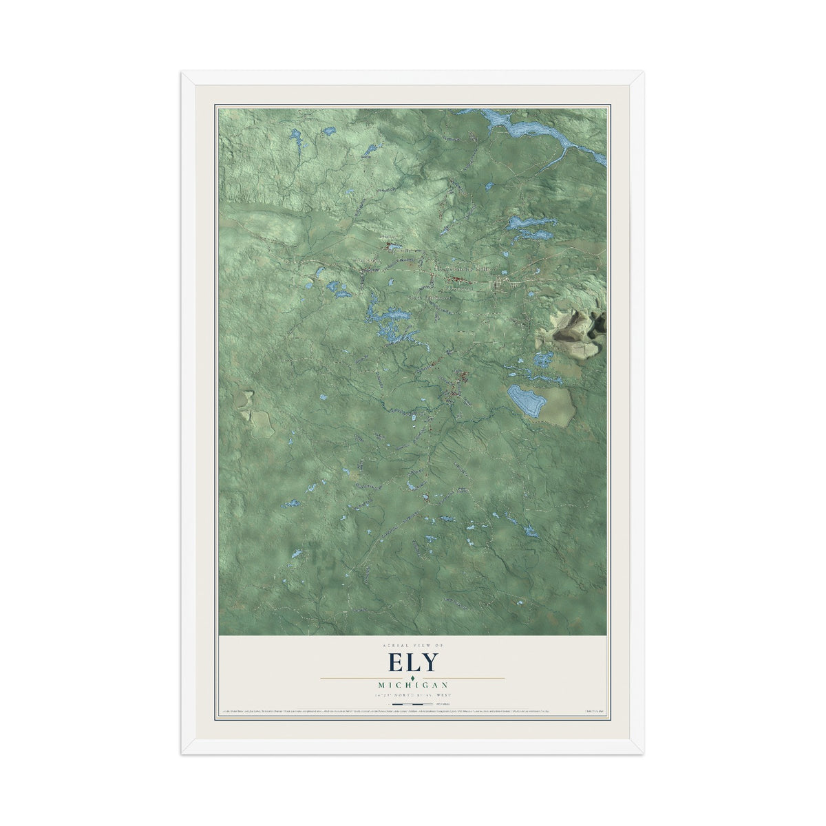 Map of Ely, Michigan, 12 x 18 inch print in a white wood frame