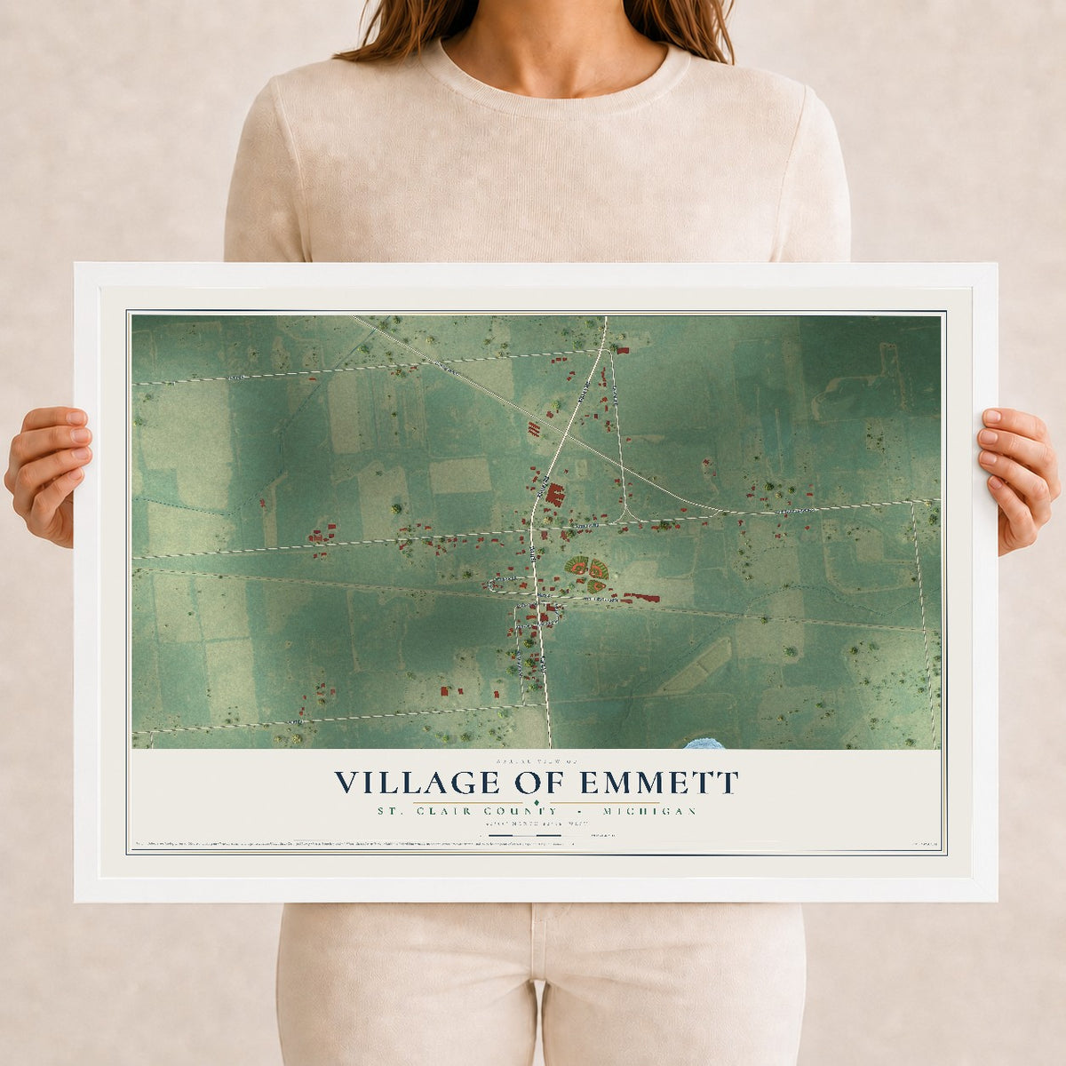 Map of Emmett, Michigan, 12 x 18 inch print in a white wood frame