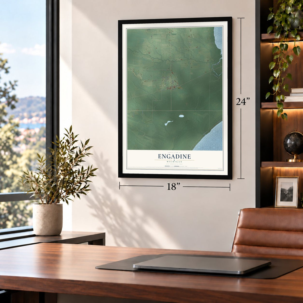 Engadine, Michigan map, 18 x 24 inch print in a black frame in a home office