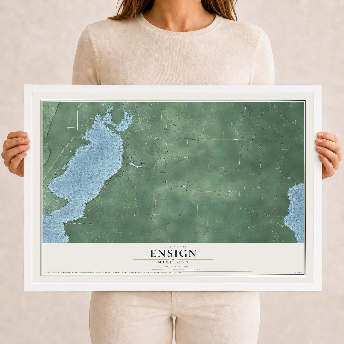 Map of Ensign, Michigan, 12 x 18 inch print in a white wood frame