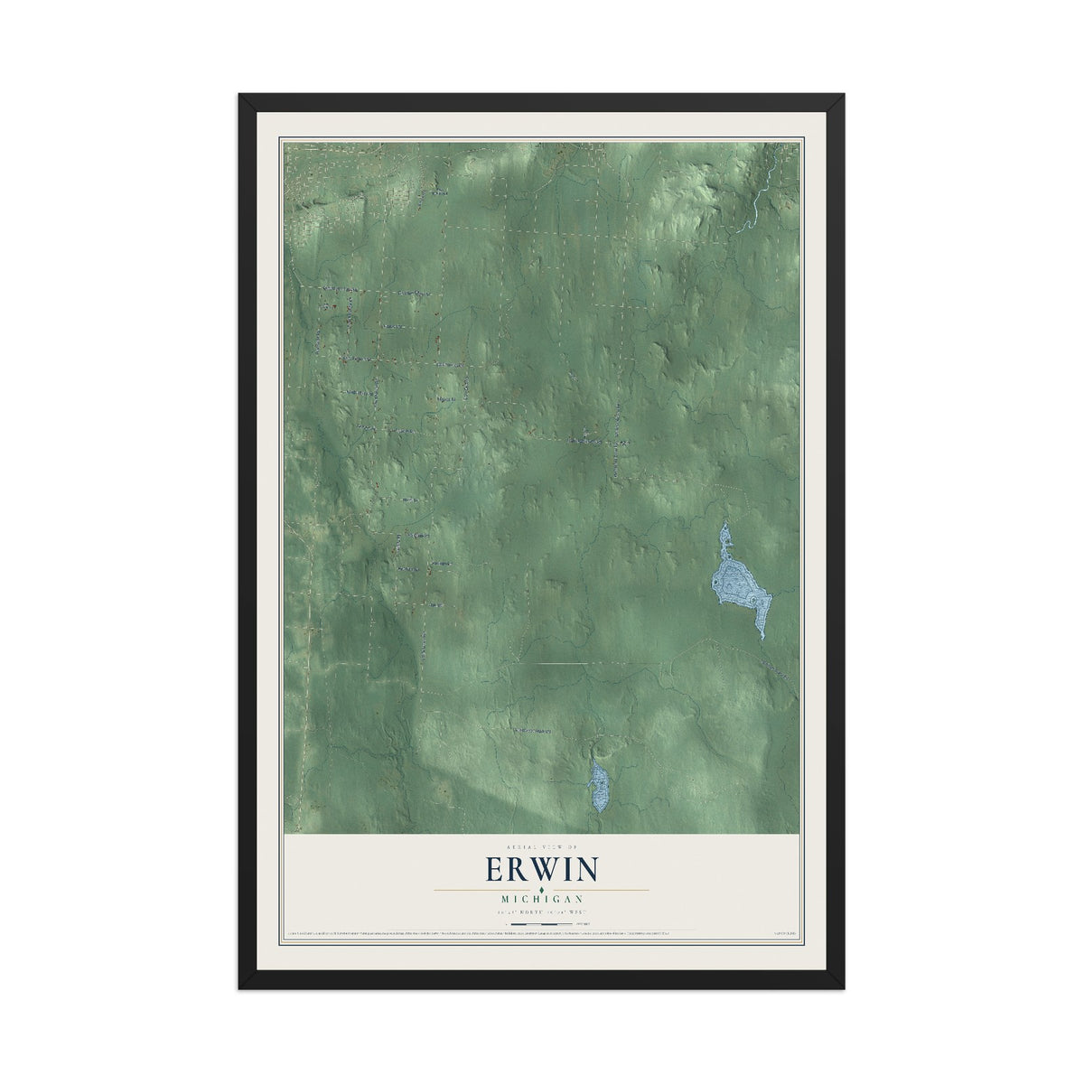 Map of Erwin, Michigan, 12 x 18 inch print in a black wood frame