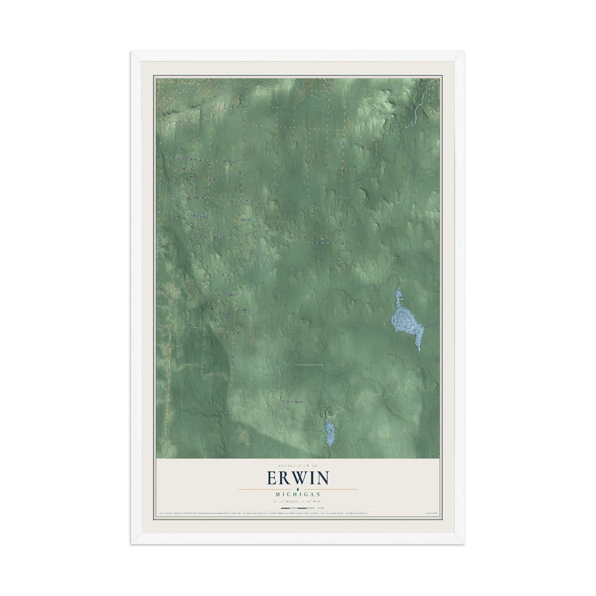 Map of Erwin, Michigan, 12 x 18 inch print in a white wood frame