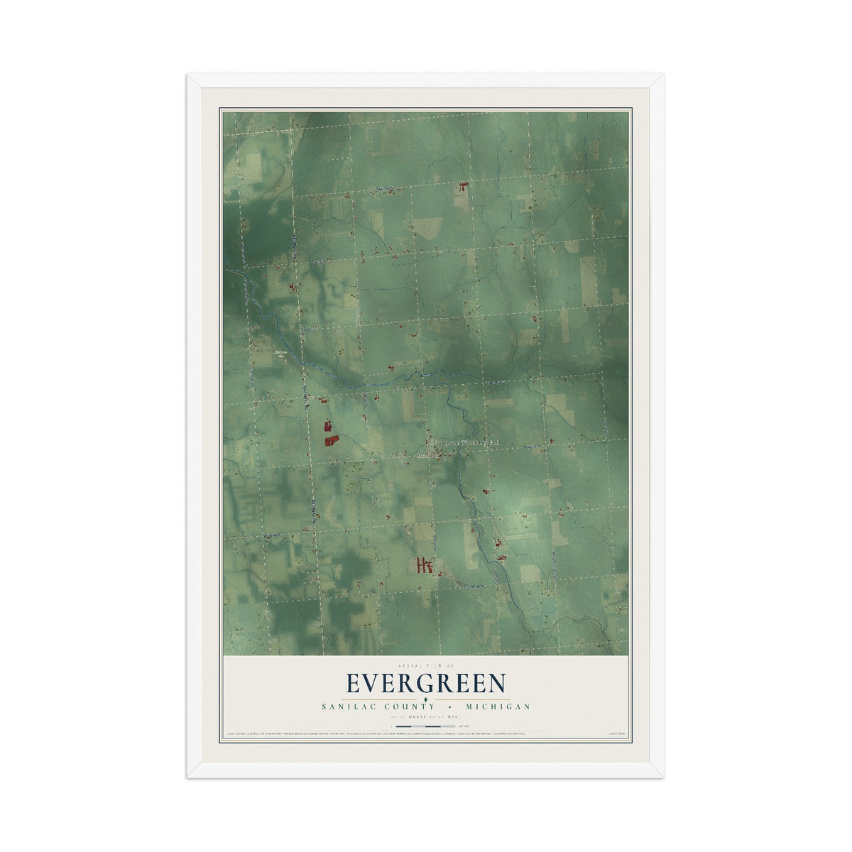 Map of Evergreen, Sanilac County, Michigan, 12 x 18 inch print in a white wood frame