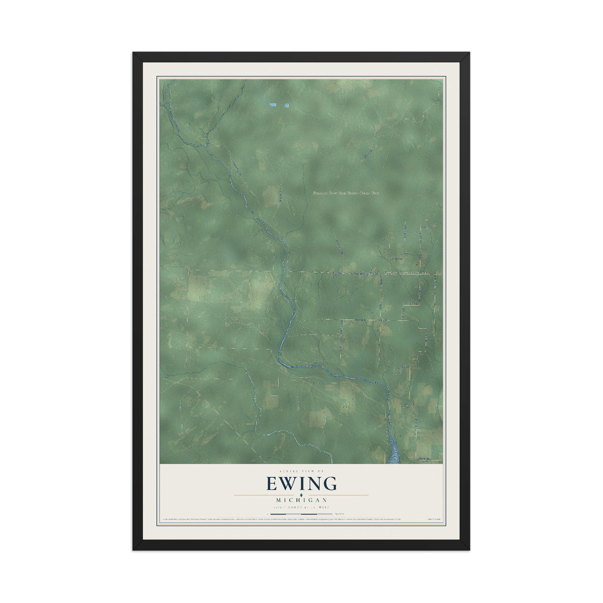 Map of Ewing, Michigan, 12 x 18 inch print in a black wood frame