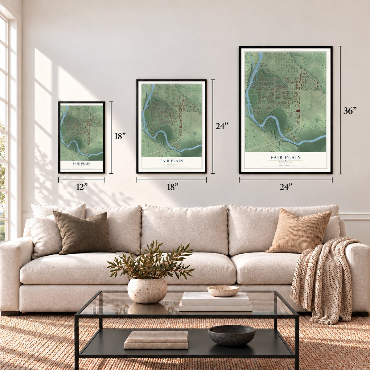 Fair Plain, Michigan map in 12 x 18, 18 x 24 and 24 x 36 inch sizes above a sofa