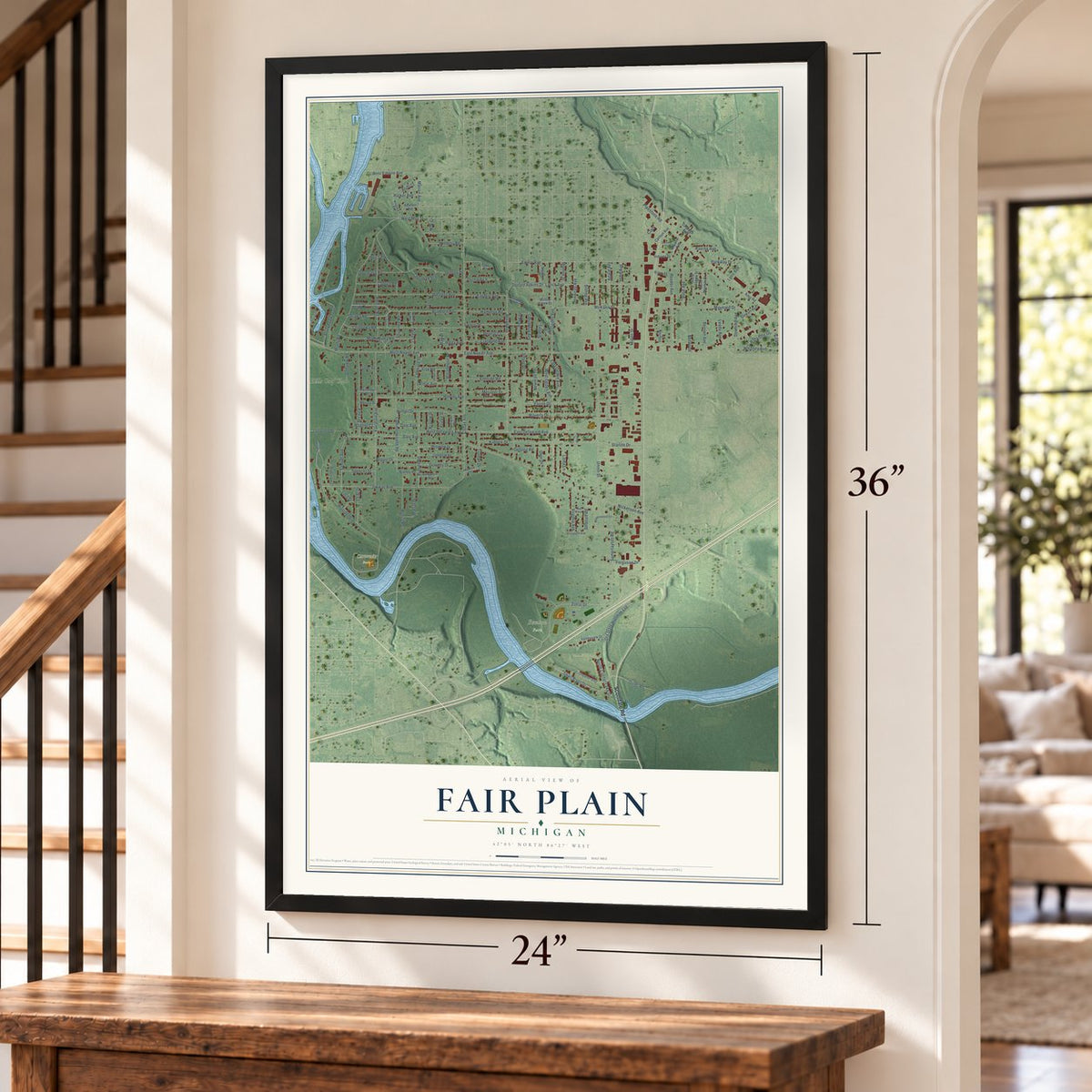 Fair Plain, Michigan map, 24 x 36 inch print in a black frame by a staircase