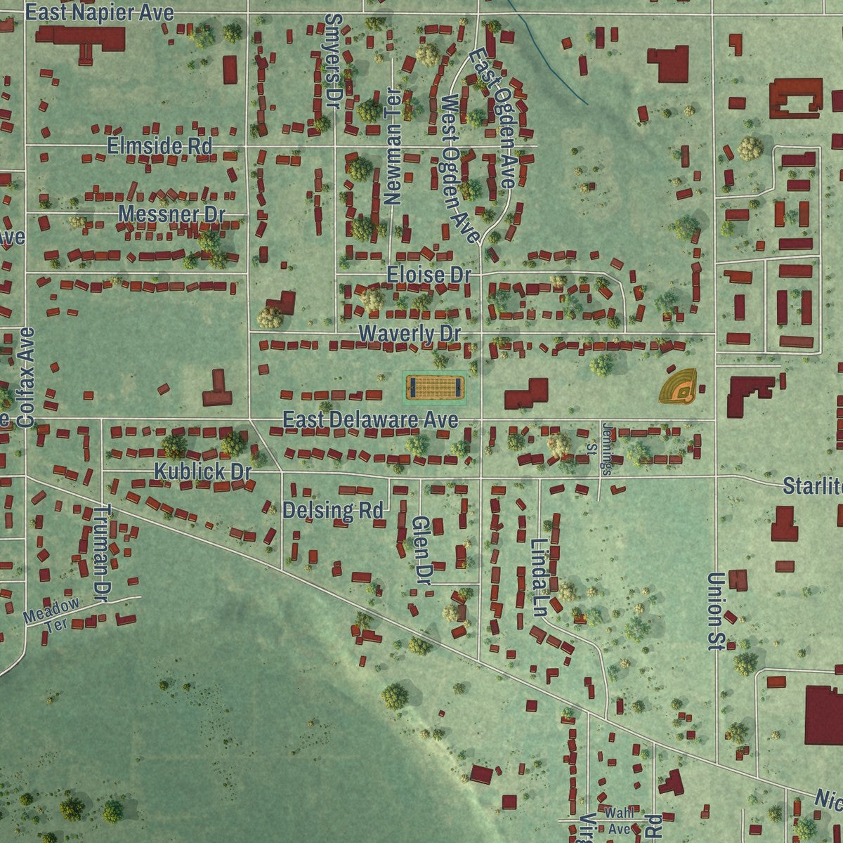 Close-up of the map of Fair Plain, Michigan print showing street and building detail