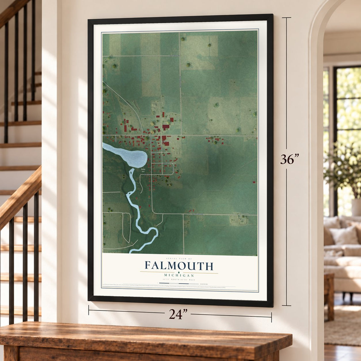 Falmouth, Michigan map, 24 x 36 inch print in a black frame by a staircase