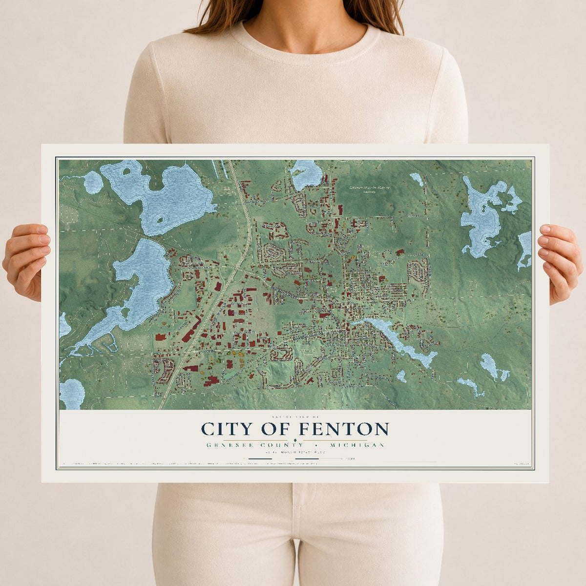 Map of Fenton, Michigan, 12 x 18 inch unframed archival matte print