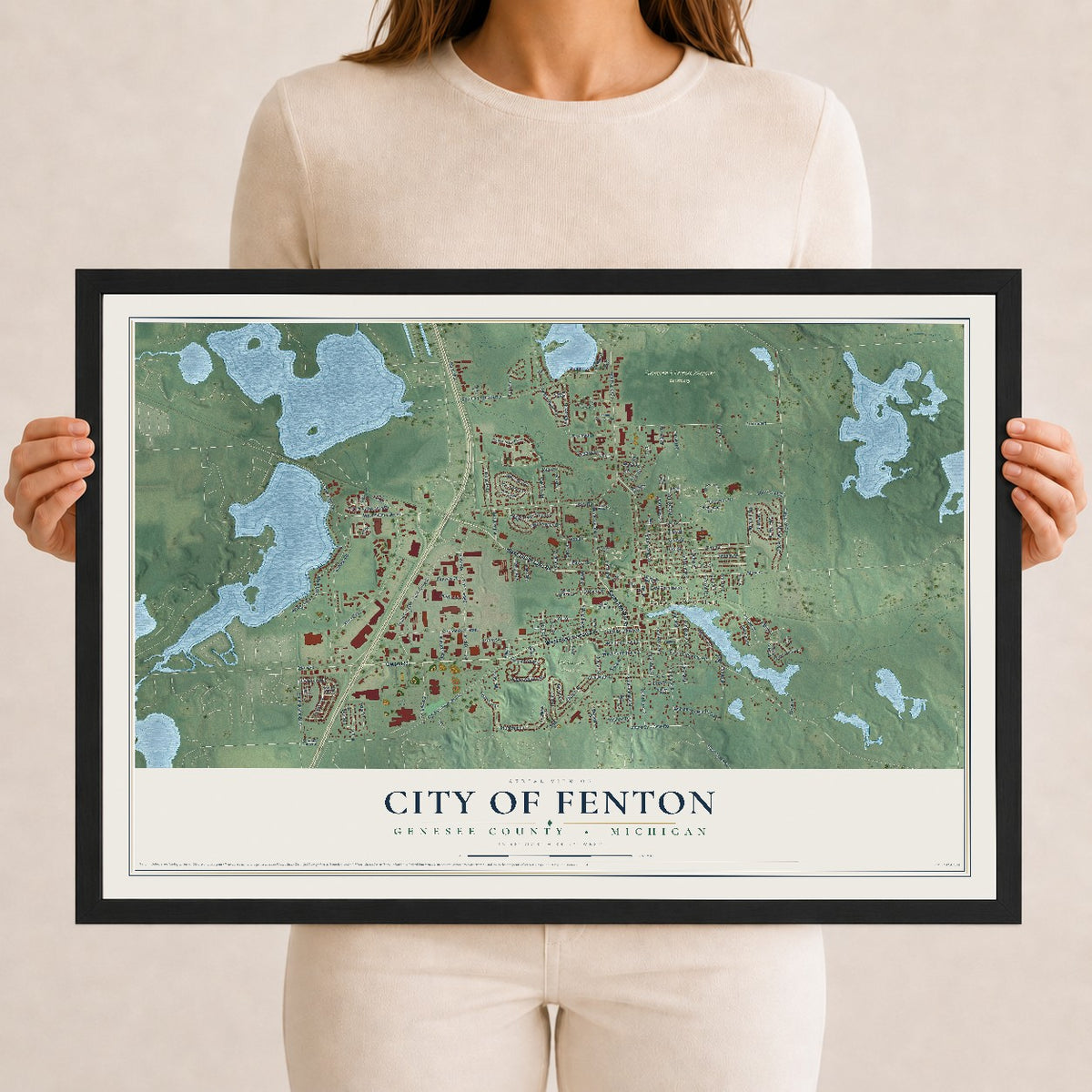 Map of Fenton, Michigan, 12 x 18 inch print in a black wood frame