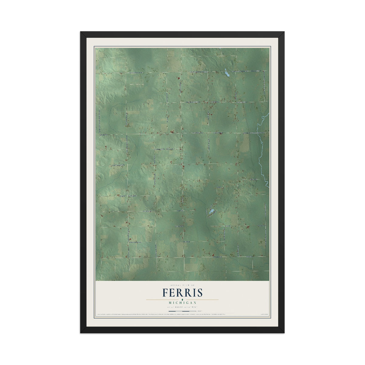Map of Ferris, Michigan, 12 x 18 inch print in a black wood frame