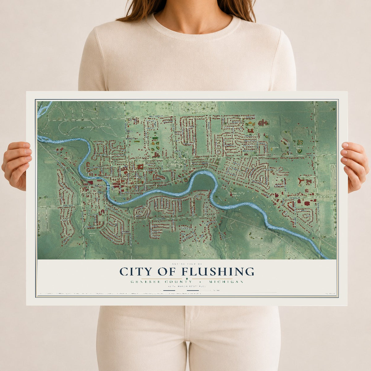 Map of Flushing, Michigan, 12 x 18 inch unframed archival matte print