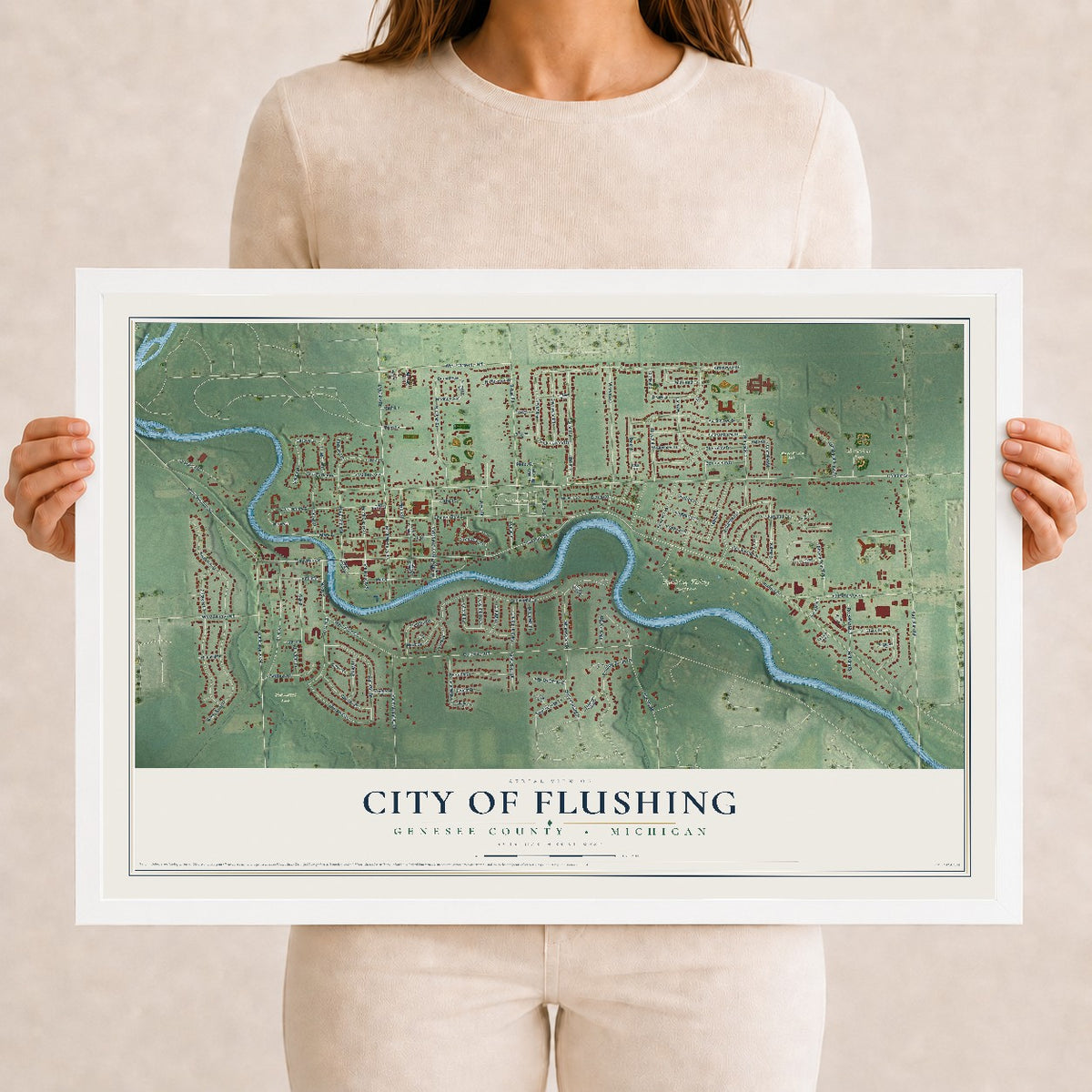 Map of Flushing, Michigan, 12 x 18 inch print in a white wood frame