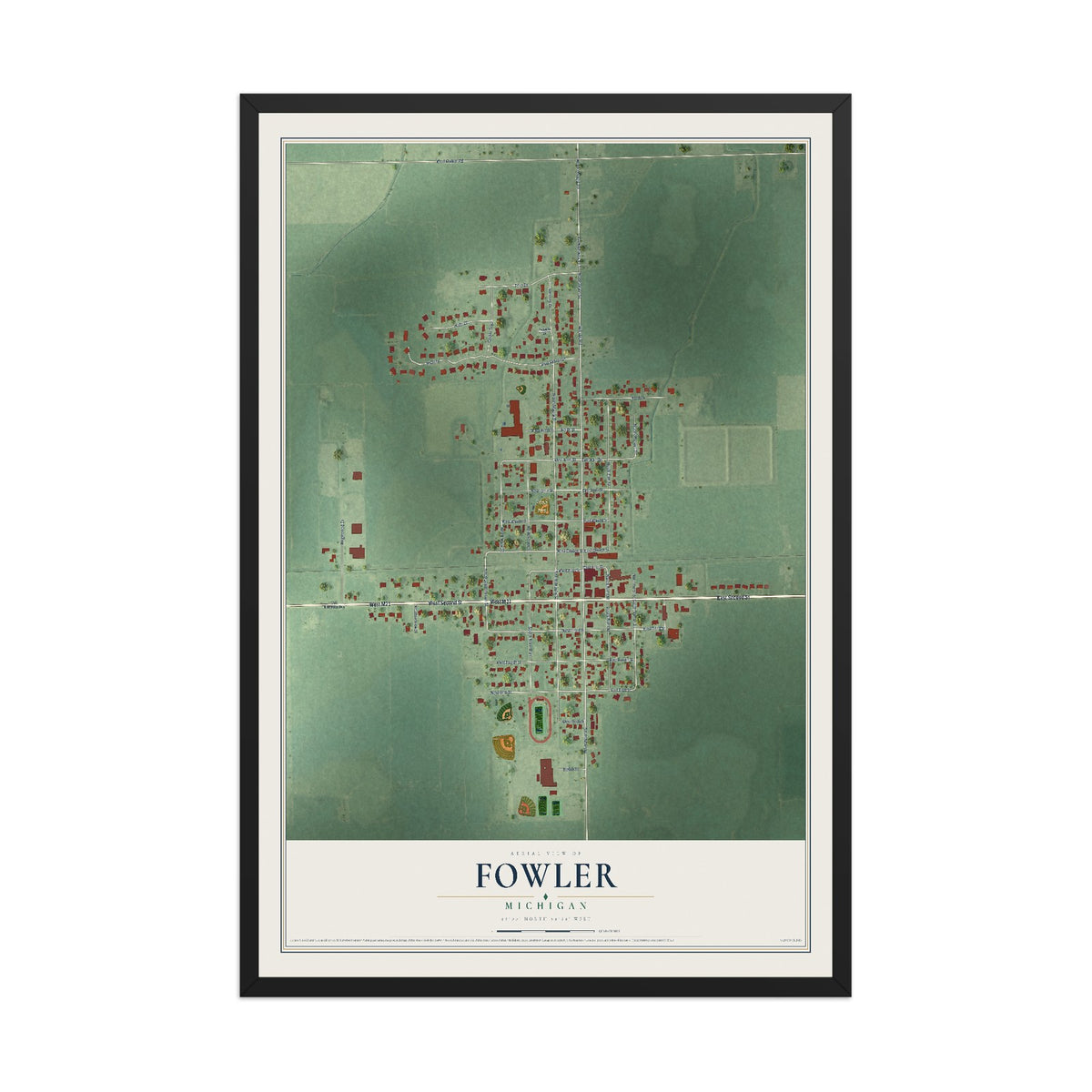 Map of Fowler, Michigan, 12 x 18 inch print in a black wood frame