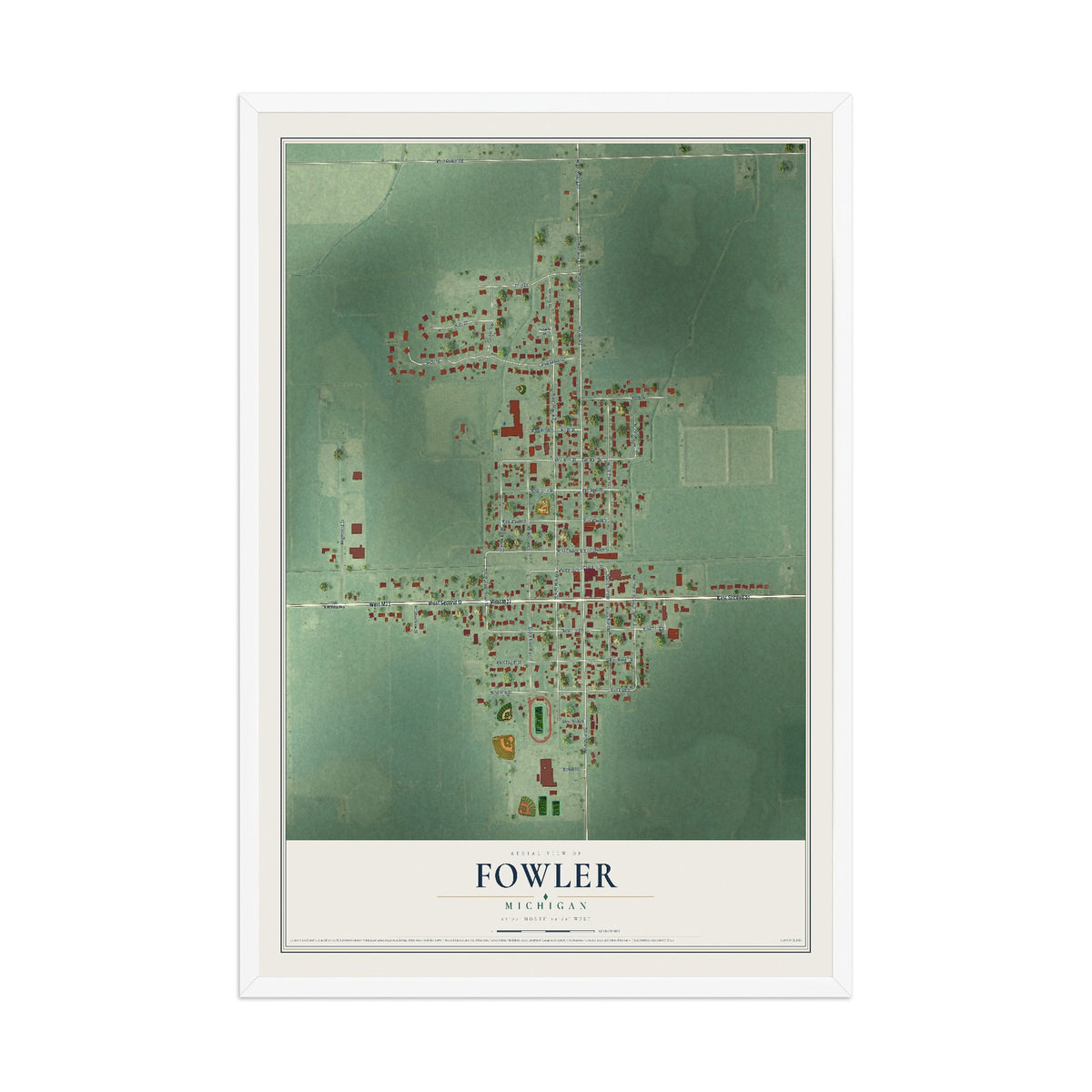 Map of Fowler, Michigan, 12 x 18 inch print in a white wood frame