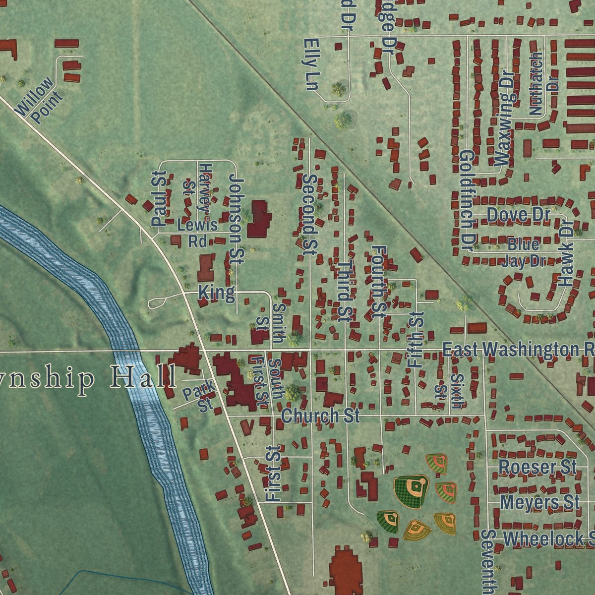 Close-up of the map of Freeland, Michigan print showing street and building detail