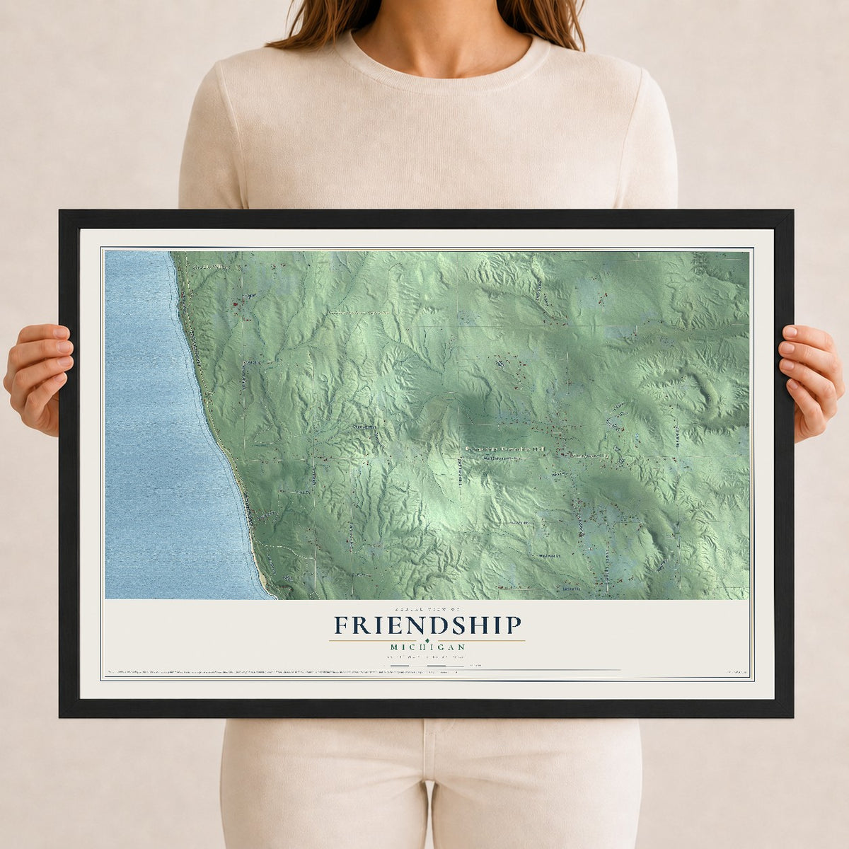 Map of Friendship, Michigan, 12 x 18 inch print in a black wood frame