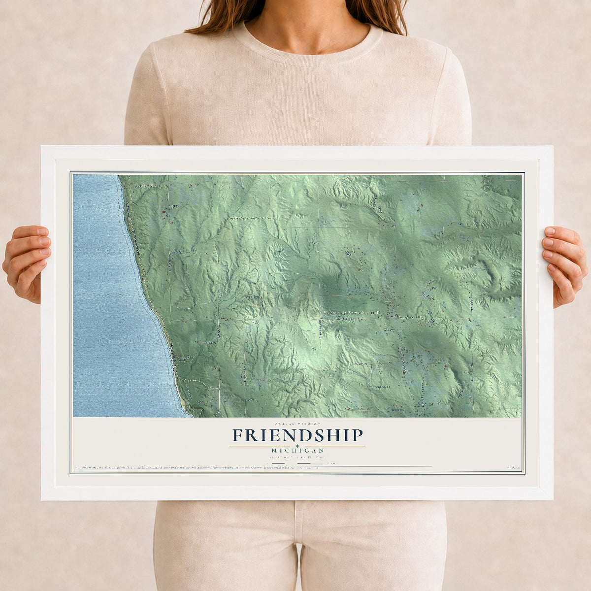 Map of Friendship, Michigan, 12 x 18 inch print in a white wood frame