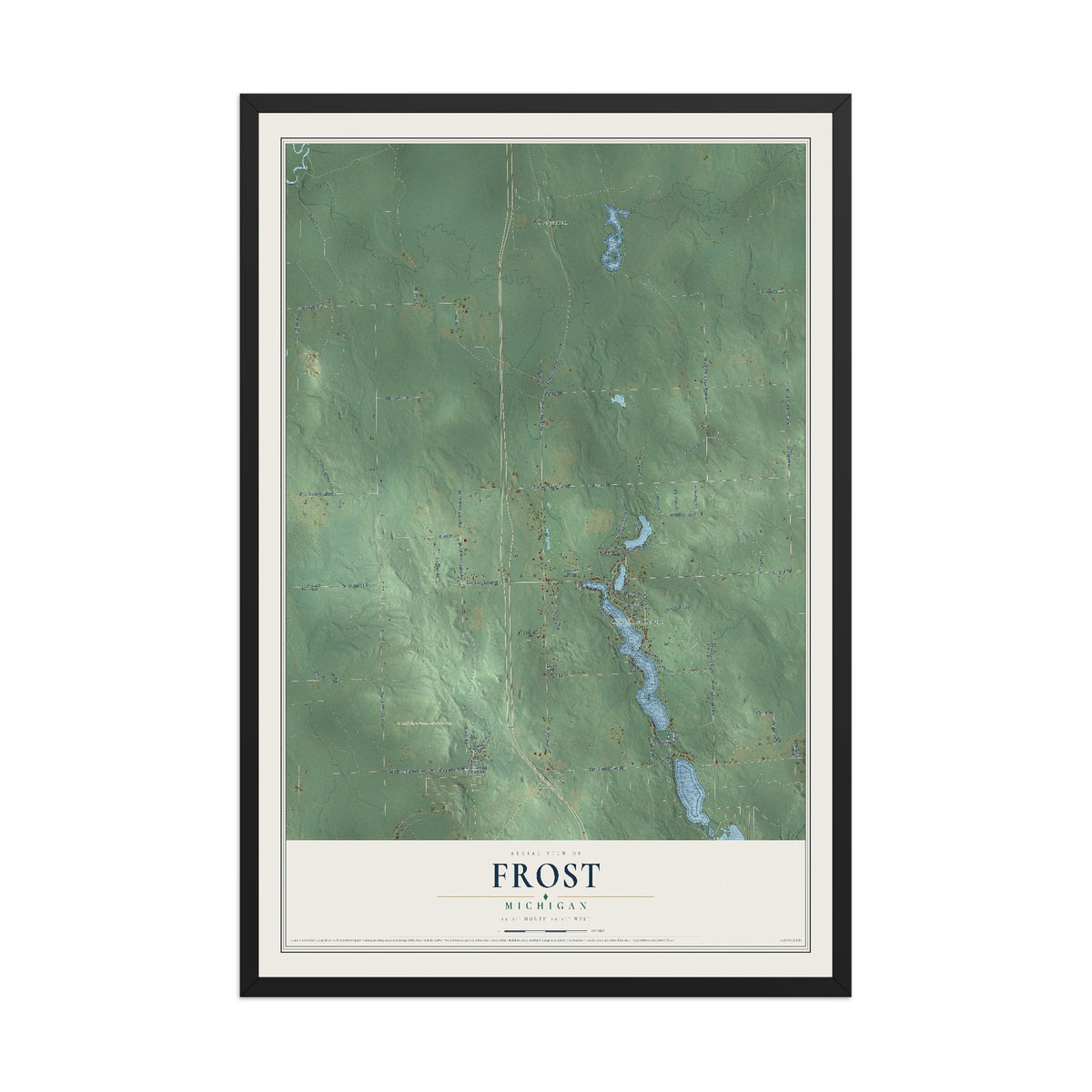 Map of Frost, Michigan, 12 x 18 inch print in a black wood frame