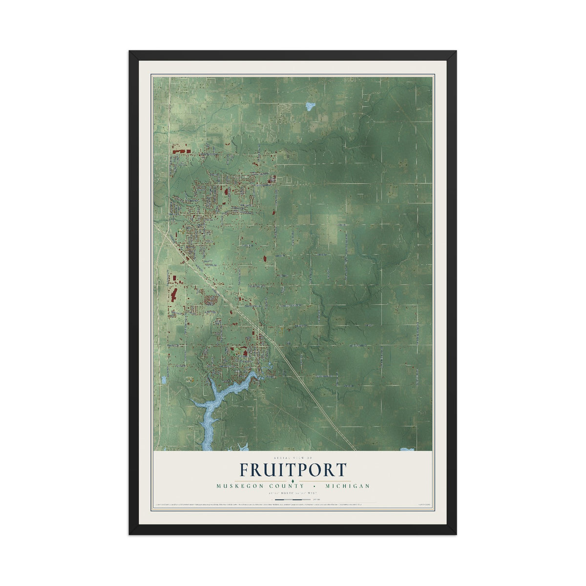 Map of Fruitport, Muskegon County, Michigan, 12 x 18 inch print in a black wood frame