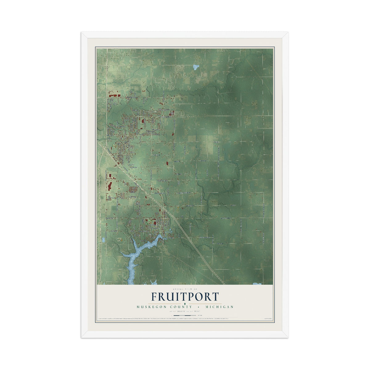Map of Fruitport, Muskegon County, Michigan, 12 x 18 inch print in a white wood frame