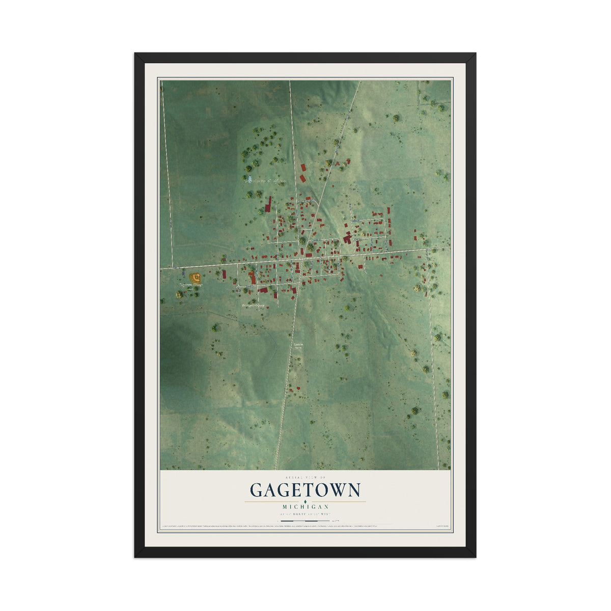 Map of Gagetown, Michigan, 12 x 18 inch print in a black wood frame