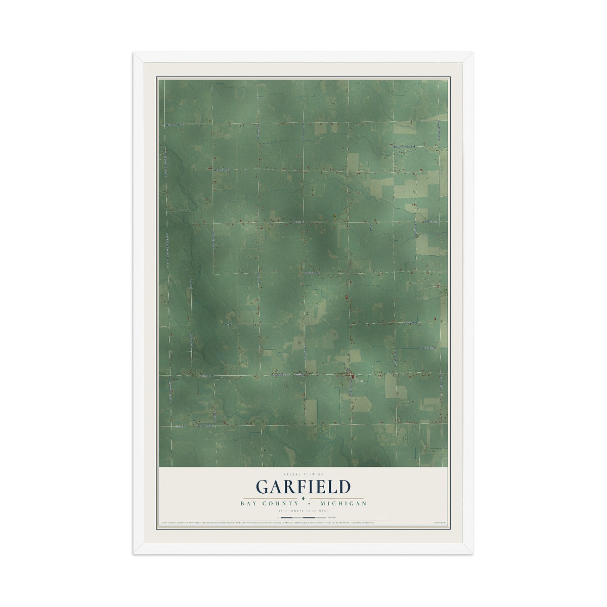 Map of Garfield, Bay County, Michigan, 12 x 18 inch print in a white wood frame