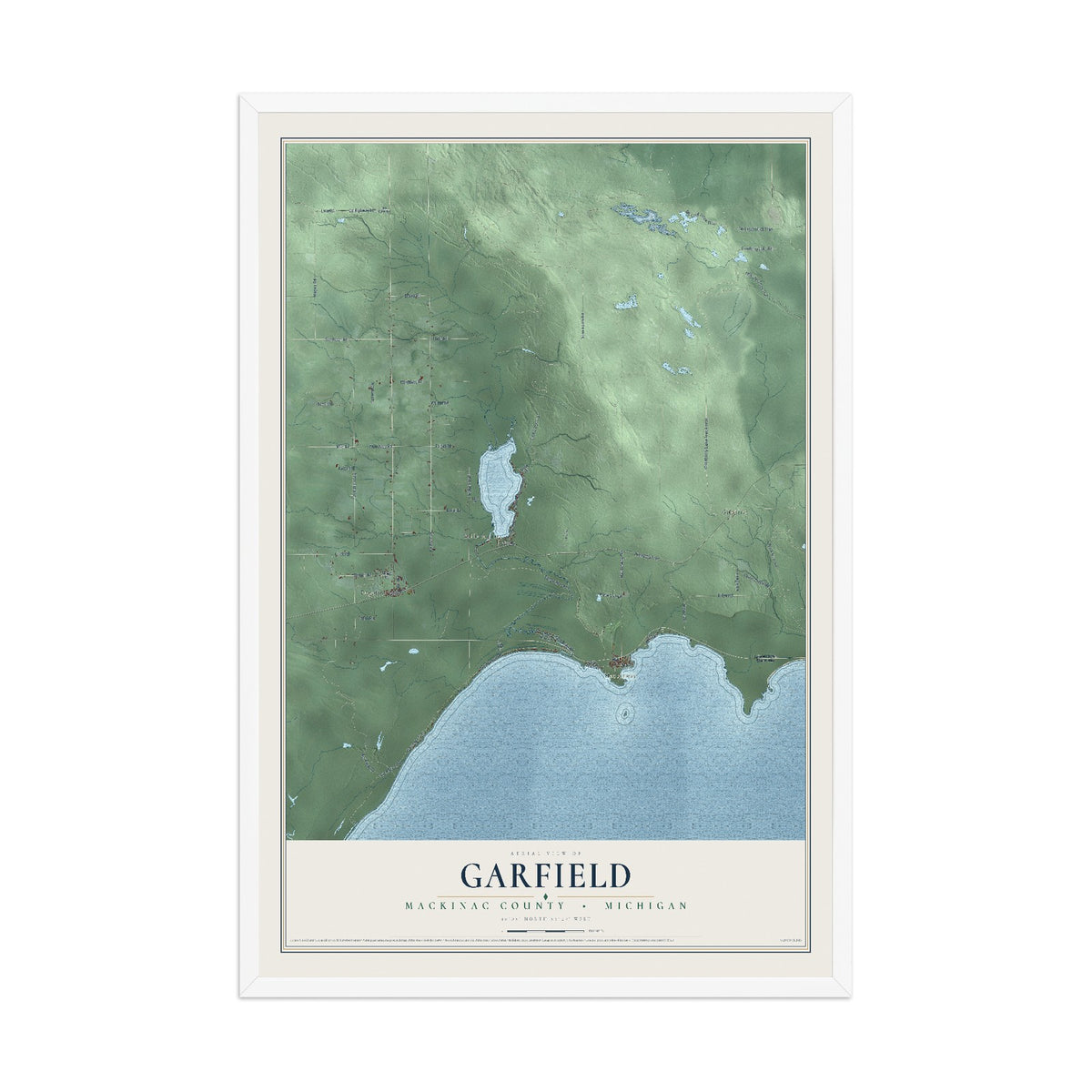 Map of Garfield, Mackinac County, Michigan, 12 x 18 inch print in a white wood frame