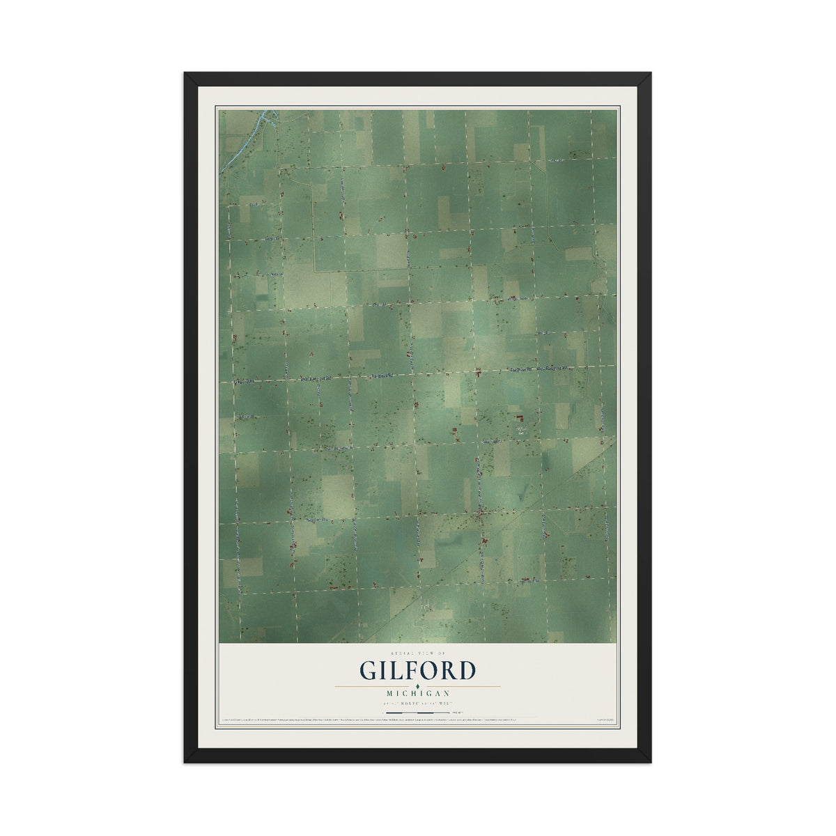 Map of Gilford, Michigan, 12 x 18 inch print in a black wood frame