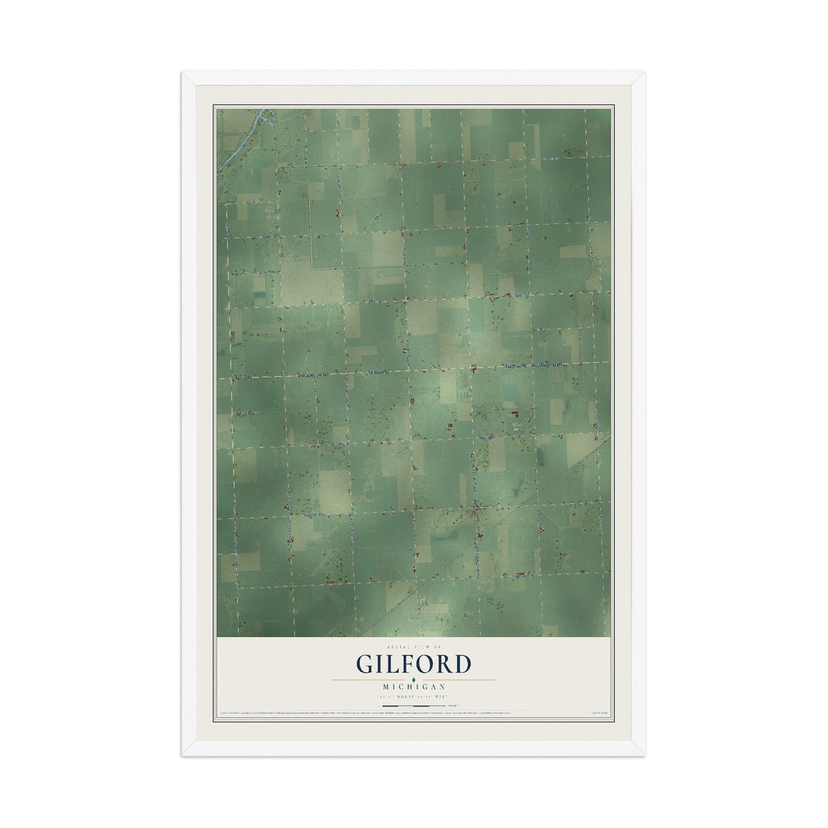 Map of Gilford, Michigan, 12 x 18 inch print in a white wood frame