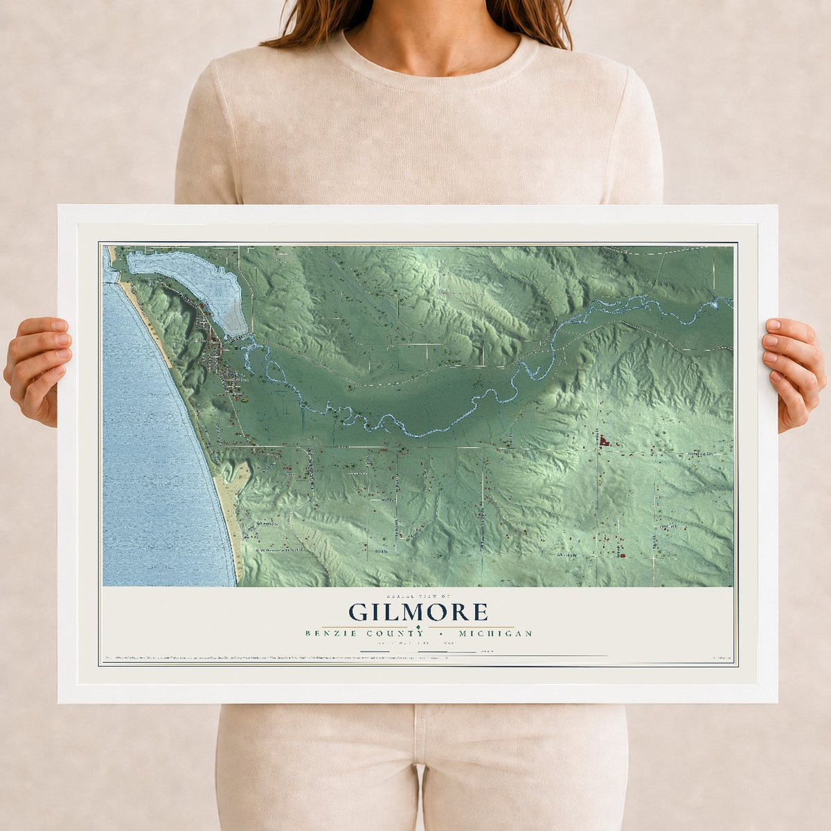 Map of Gilmore, Benzie County, Michigan, 12 x 18 inch print in a white wood frame